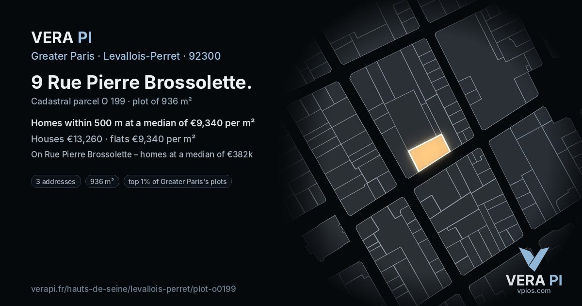 9 Rue Pierre Brossolette, Levallois-Perret at night – the plot lit, the parcels around coloured by the prices near them