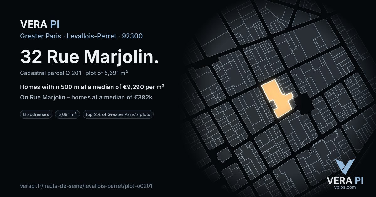 32 Rue Marjolin, Levallois-Perret at night – the plot lit, the parcels around coloured by the prices near them