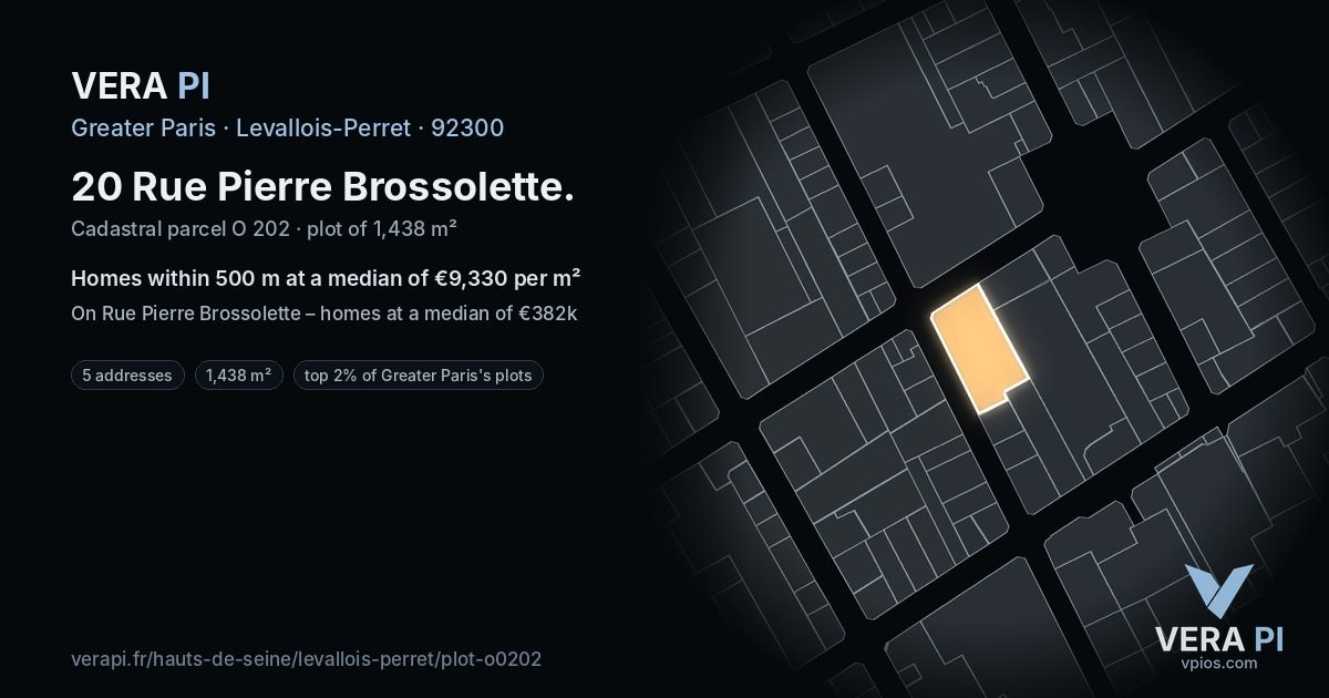 20 Rue Pierre Brossolette, Levallois-Perret at night – the plot lit, the parcels around coloured by the prices near them