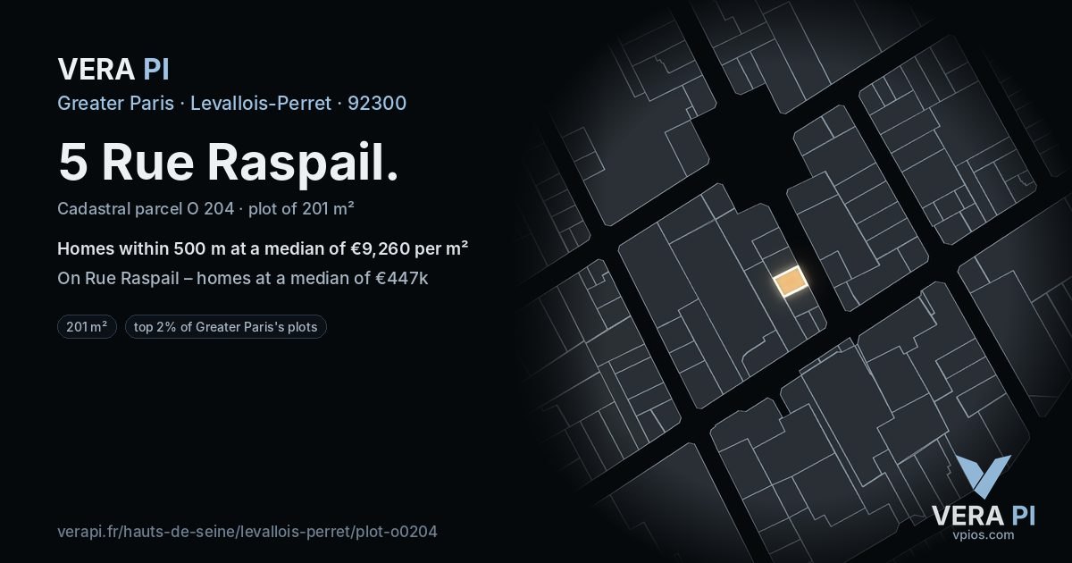 5 Rue Raspail, Levallois-Perret at night – the plot lit, the parcels around coloured by the prices near them