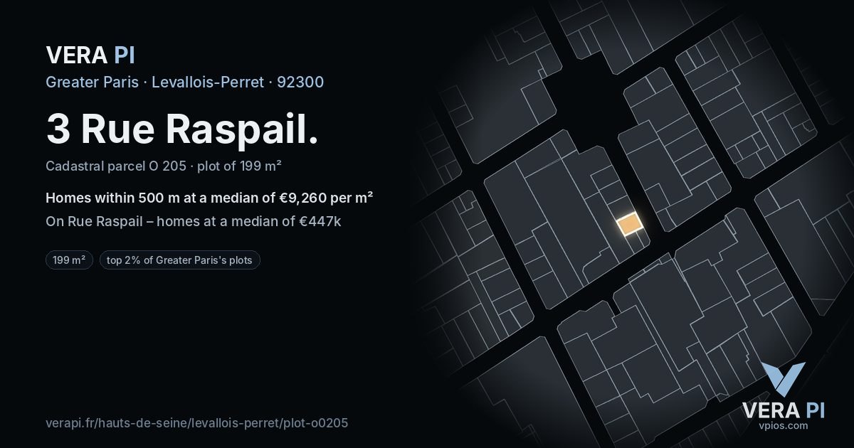 3 Rue Raspail, Levallois-Perret at night – the plot lit, the parcels around coloured by the prices near them