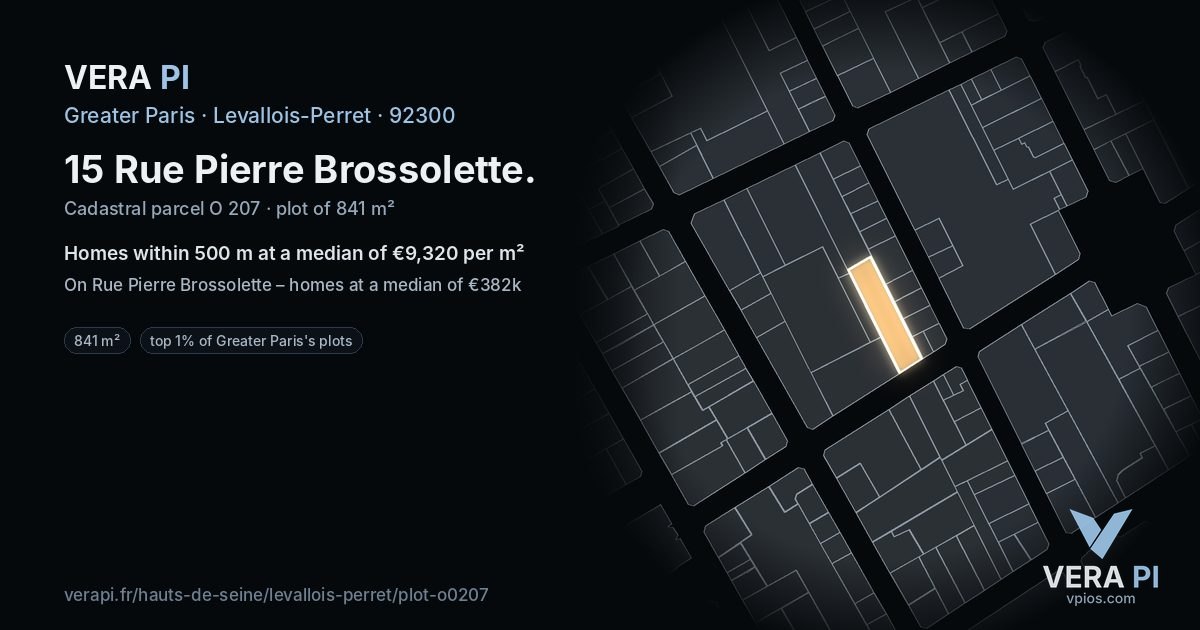 15 Rue Pierre Brossolette, Levallois-Perret at night – the plot lit, the parcels around coloured by the prices near them