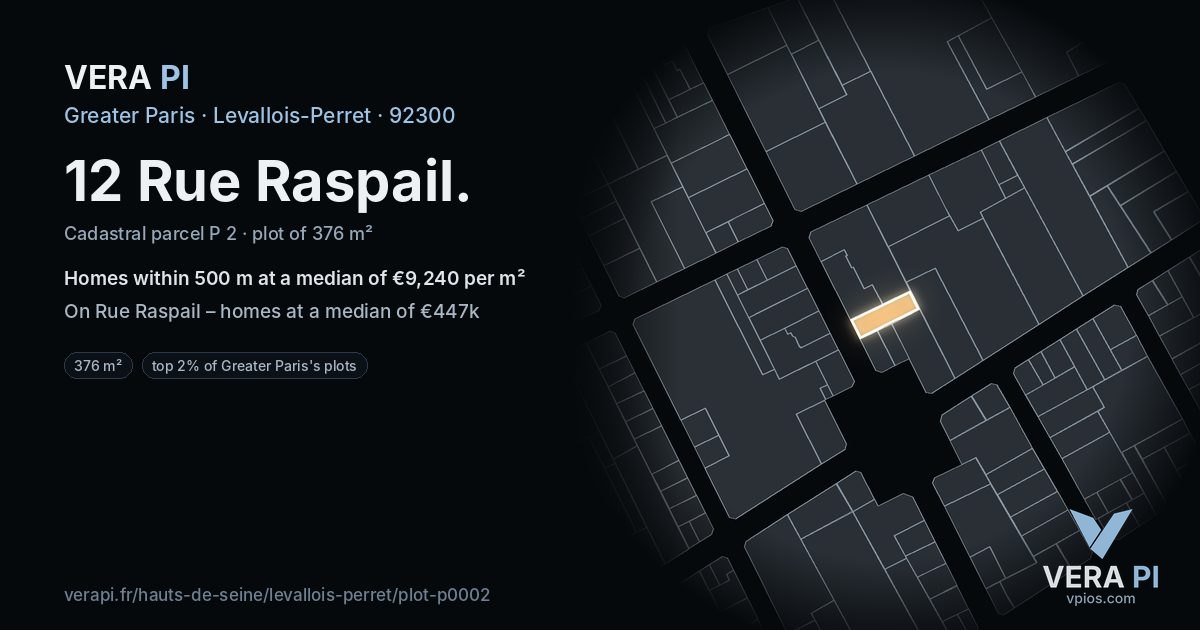12 Rue Raspail, Levallois-Perret at night – the plot lit, the parcels around coloured by the prices near them