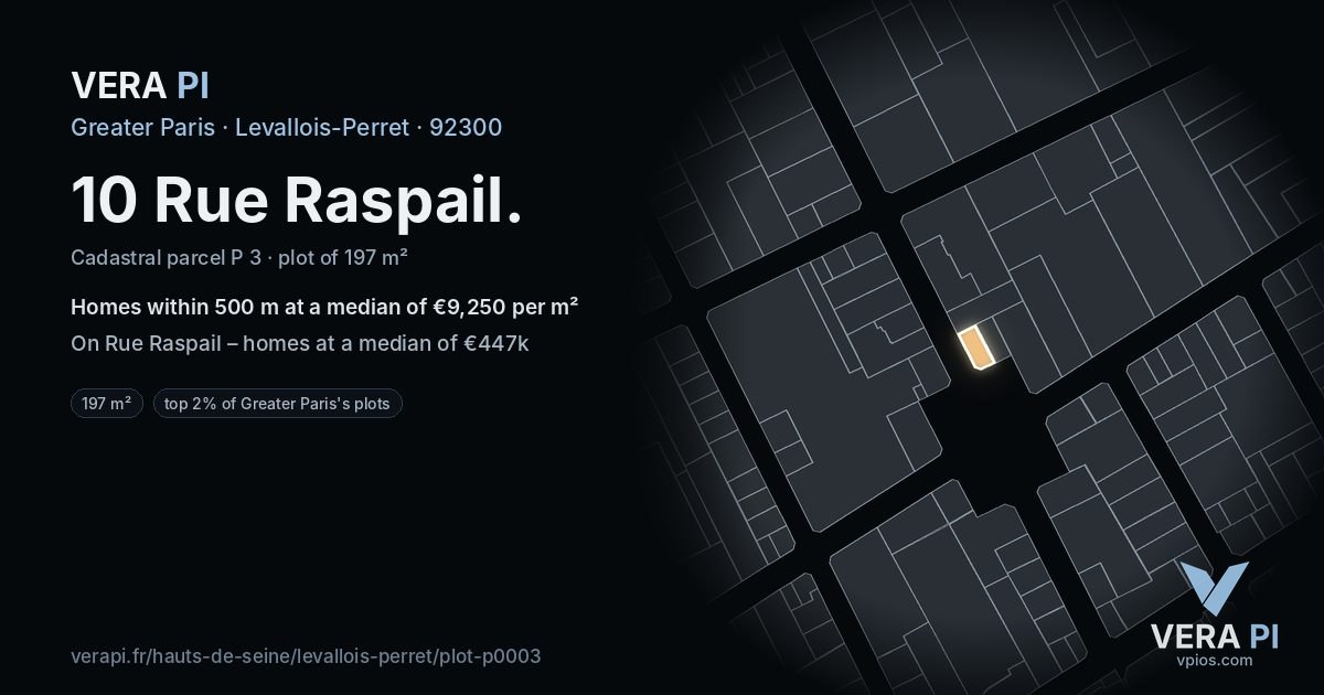 10 Rue Raspail, Levallois-Perret at night – the plot lit, the parcels around coloured by the prices near them