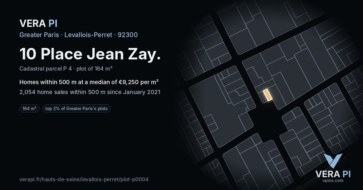 10 Place Jean Zay, Levallois-Perret at night – the plot lit, the parcels around coloured by the prices near them