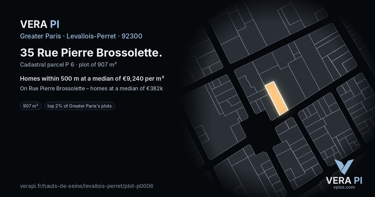 35 Rue Pierre Brossolette, Levallois-Perret at night – the plot lit, the parcels around coloured by the prices near them