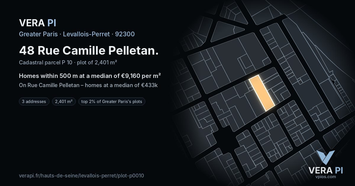 48 Rue Camille Pelletan, Levallois-Perret at night – the plot lit, the parcels around coloured by the prices near them