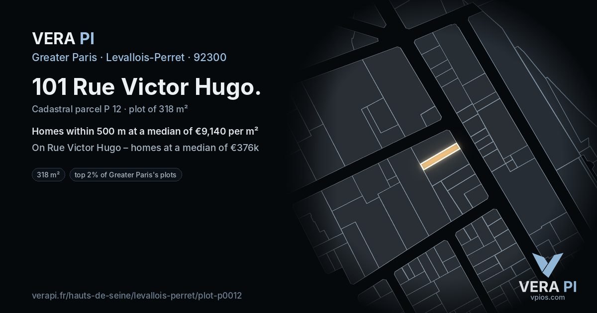 101 Rue Victor Hugo, Levallois-Perret at night – the plot lit, the parcels around coloured by the prices near them