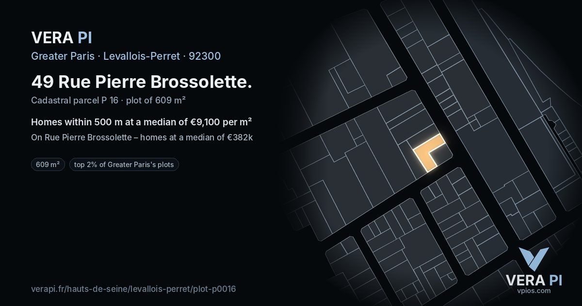 49 Rue Pierre Brossolette, Levallois-Perret at night – the plot lit, the parcels around coloured by the prices near them