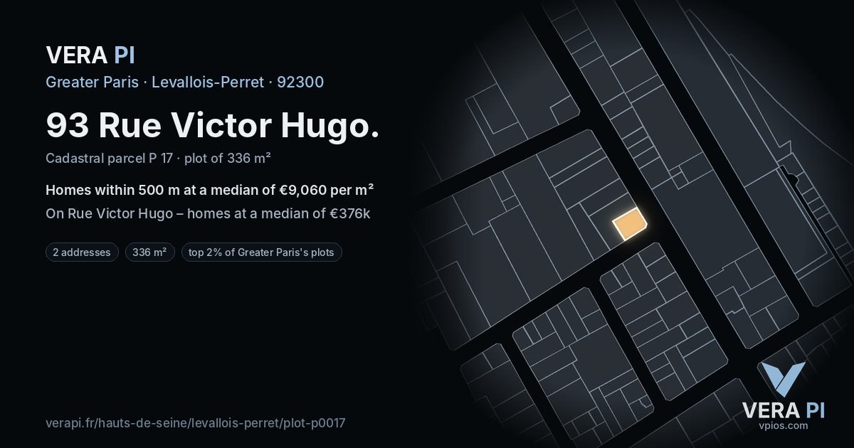 93 Rue Victor Hugo, Levallois-Perret at night – the plot lit, the parcels around coloured by the prices near them