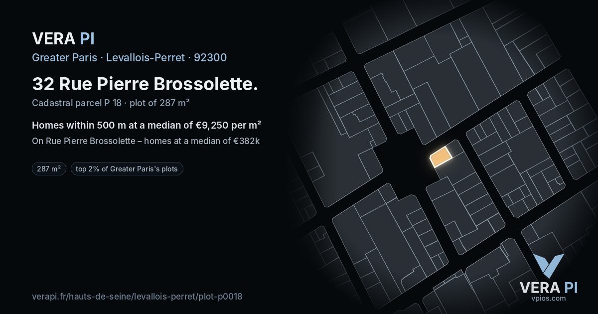 32 Rue Pierre Brossolette, Levallois-Perret at night – the plot lit, the parcels around coloured by the prices near them