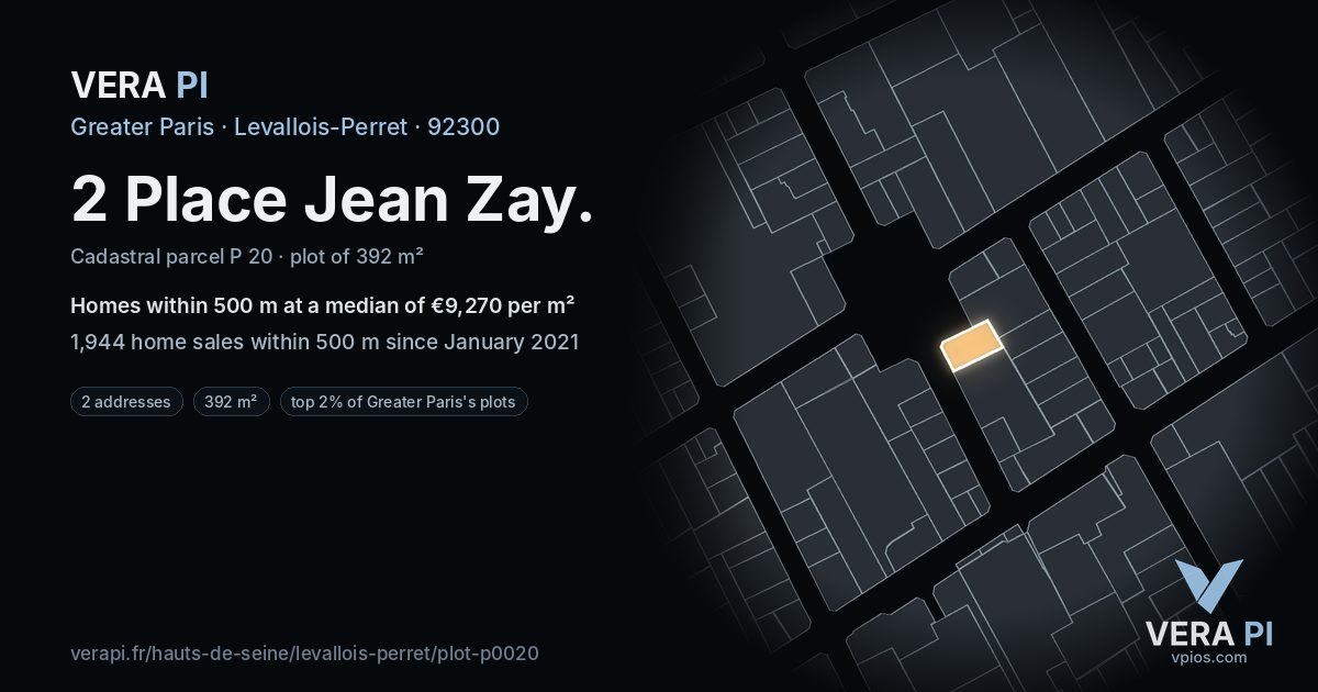 2 Place Jean Zay, Levallois-Perret at night – the plot lit, the parcels around coloured by the prices near them