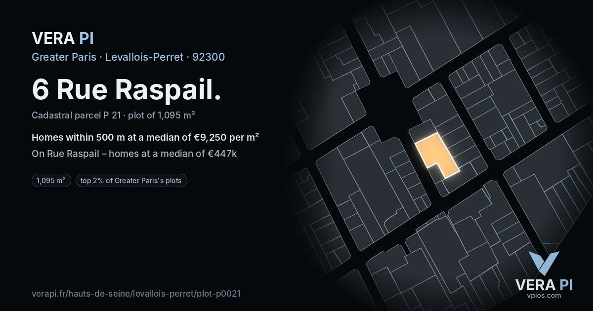 6 Rue Raspail, Levallois-Perret at night – the plot lit, the parcels around coloured by the prices near them