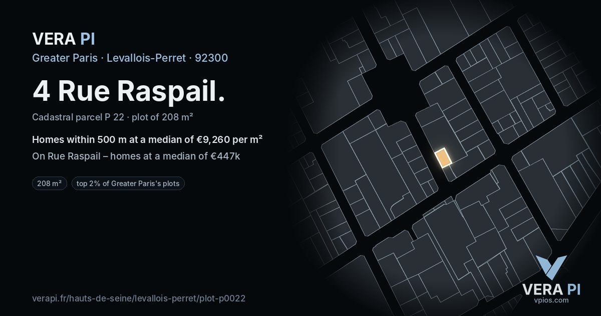 4 Rue Raspail, Levallois-Perret at night – the plot lit, the parcels around coloured by the prices near them