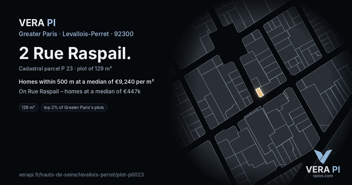 2 Rue Raspail, Levallois-Perret at night – the plot lit, the parcels around coloured by the prices near them