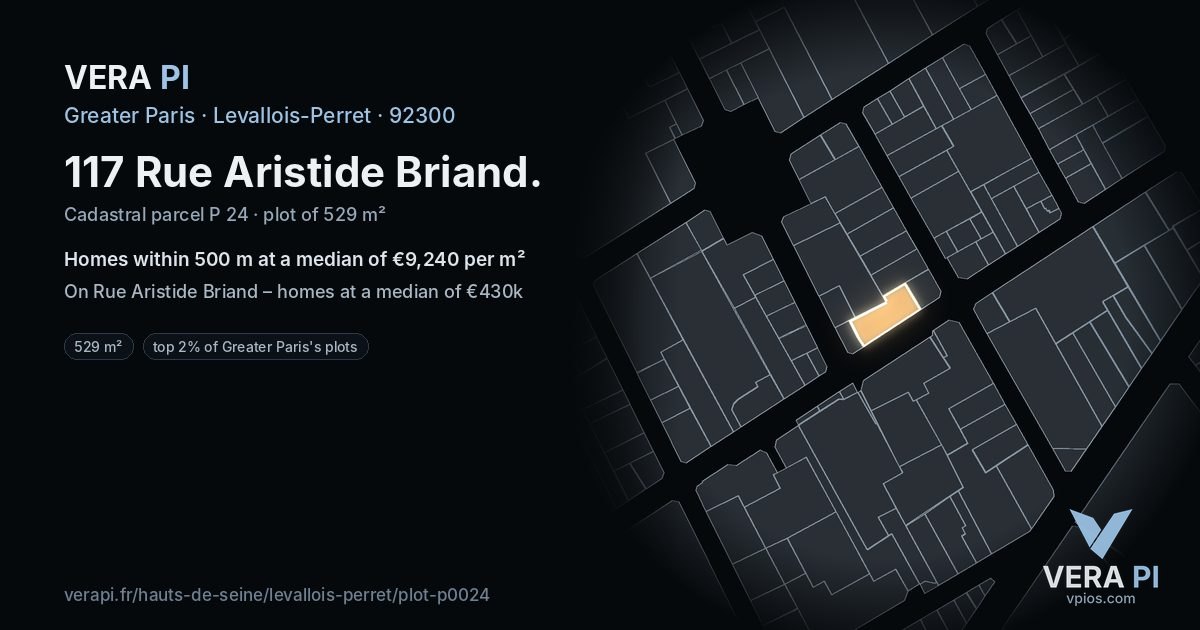 117 Rue Aristide Briand, Levallois-Perret at night – the plot lit, the parcels around coloured by the prices near them