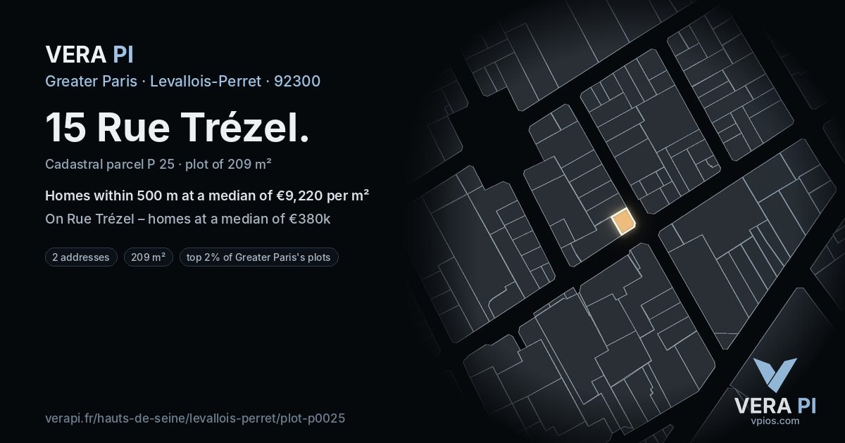 15 Rue Trézel, Levallois-Perret at night – the plot lit, the parcels around coloured by the prices near them