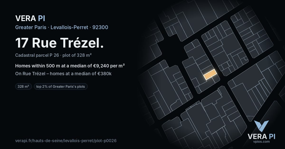 17 Rue Trézel, Levallois-Perret at night – the plot lit, the parcels around coloured by the prices near them