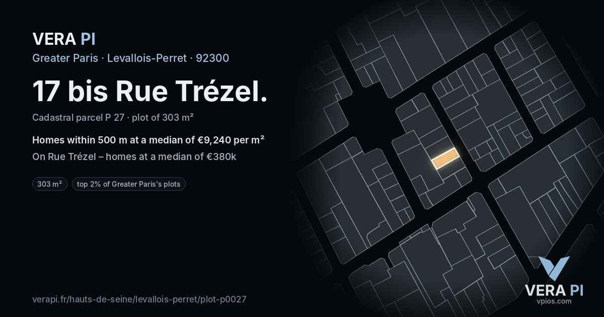 17 bis Rue Trézel, Levallois-Perret at night – the plot lit, the parcels around coloured by the prices near them