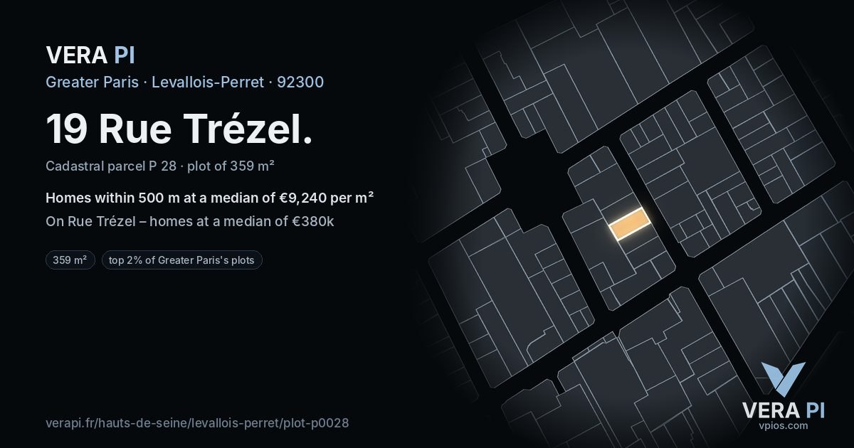 19 Rue Trézel, Levallois-Perret at night – the plot lit, the parcels around coloured by the prices near them
