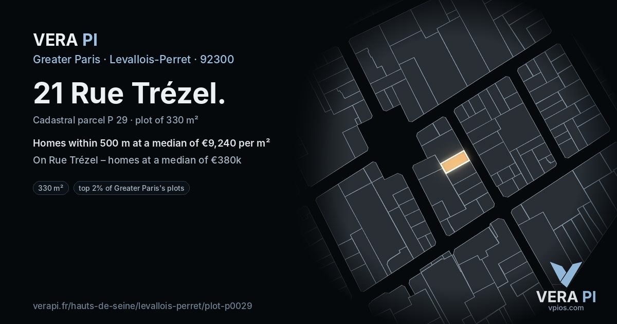 21 Rue Trézel, Levallois-Perret at night – the plot lit, the parcels around coloured by the prices near them