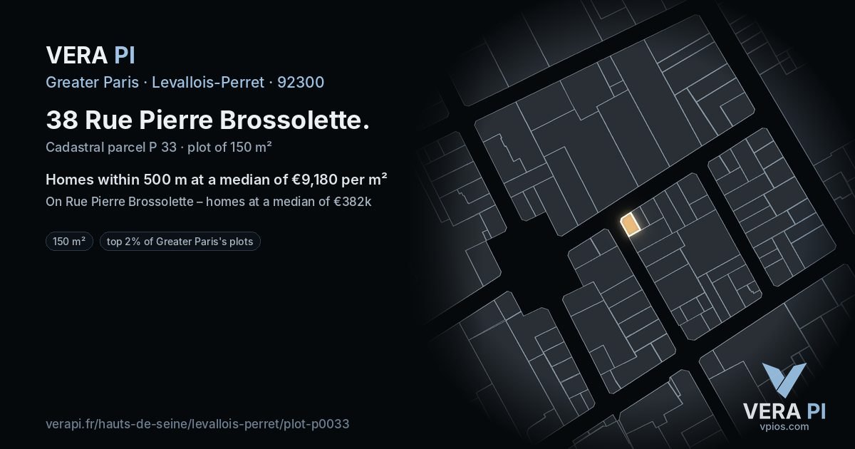 38 Rue Pierre Brossolette, Levallois-Perret at night – the plot lit, the parcels around coloured by the prices near them