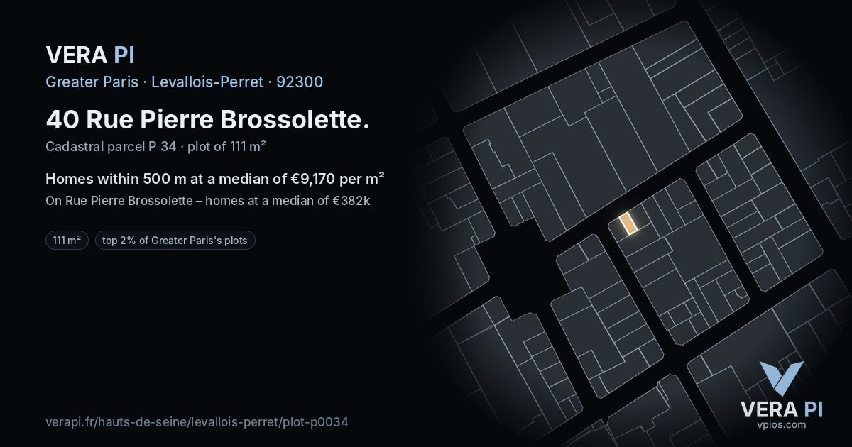 40 Rue Pierre Brossolette, Levallois-Perret at night – the plot lit, the parcels around coloured by the prices near them