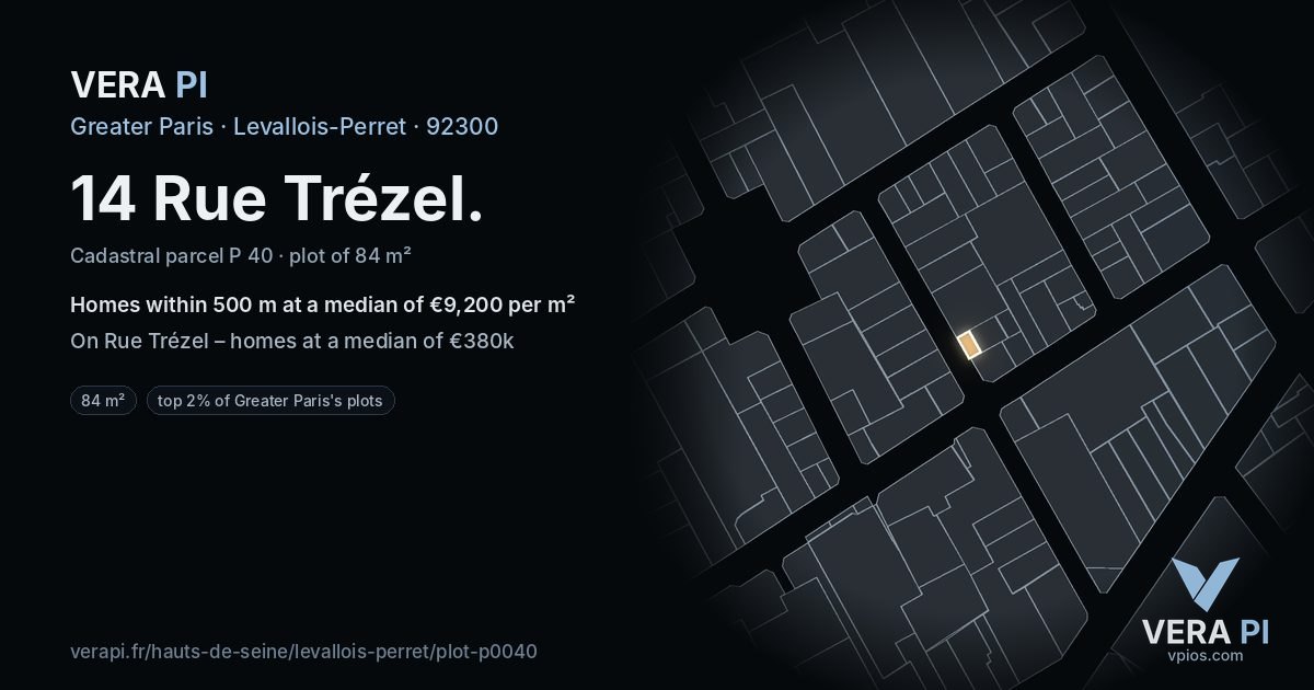 14 Rue Trézel, Levallois-Perret at night – the plot lit, the parcels around coloured by the prices near them