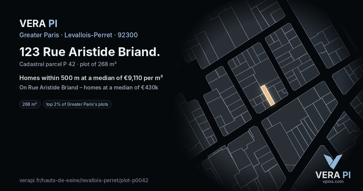 123 Rue Aristide Briand, Levallois-Perret at night – the plot lit, the parcels around coloured by the prices near them