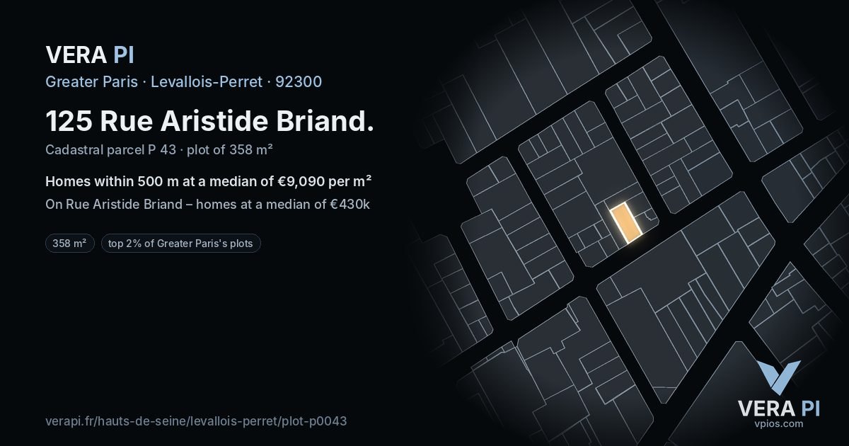 125 Rue Aristide Briand, Levallois-Perret at night – the plot lit, the parcels around coloured by the prices near them