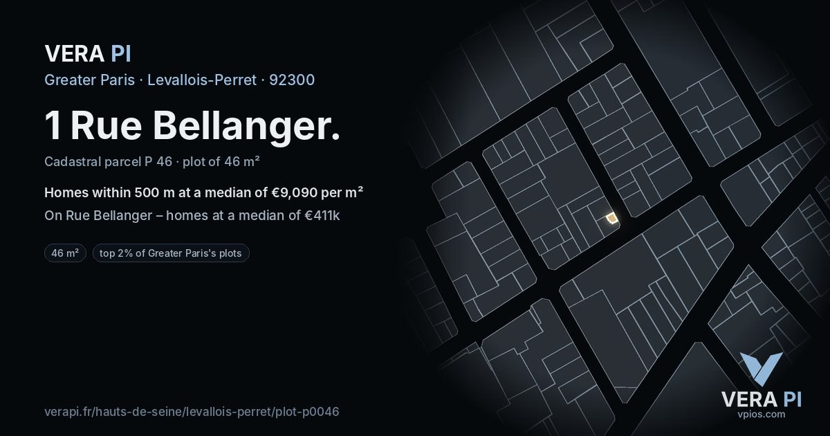 1 Rue Bellanger, Levallois-Perret at night – the plot lit, the parcels around coloured by the prices near them