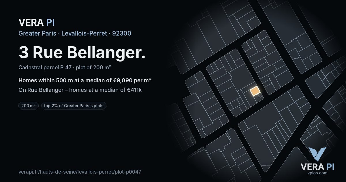 3 Rue Bellanger, Levallois-Perret at night – the plot lit, the parcels around coloured by the prices near them