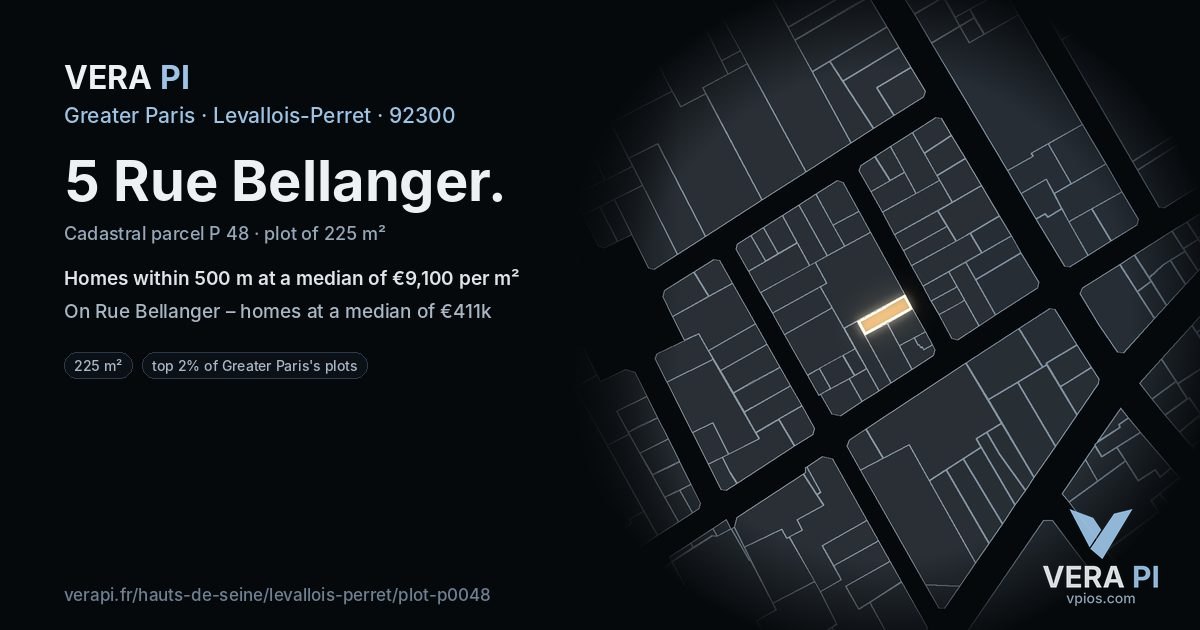5 Rue Bellanger, Levallois-Perret at night – the plot lit, the parcels around coloured by the prices near them