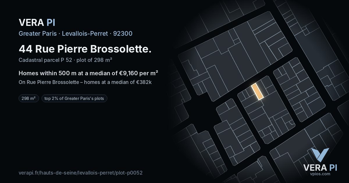 44 Rue Pierre Brossolette, Levallois-Perret at night – the plot lit, the parcels around coloured by the prices near them