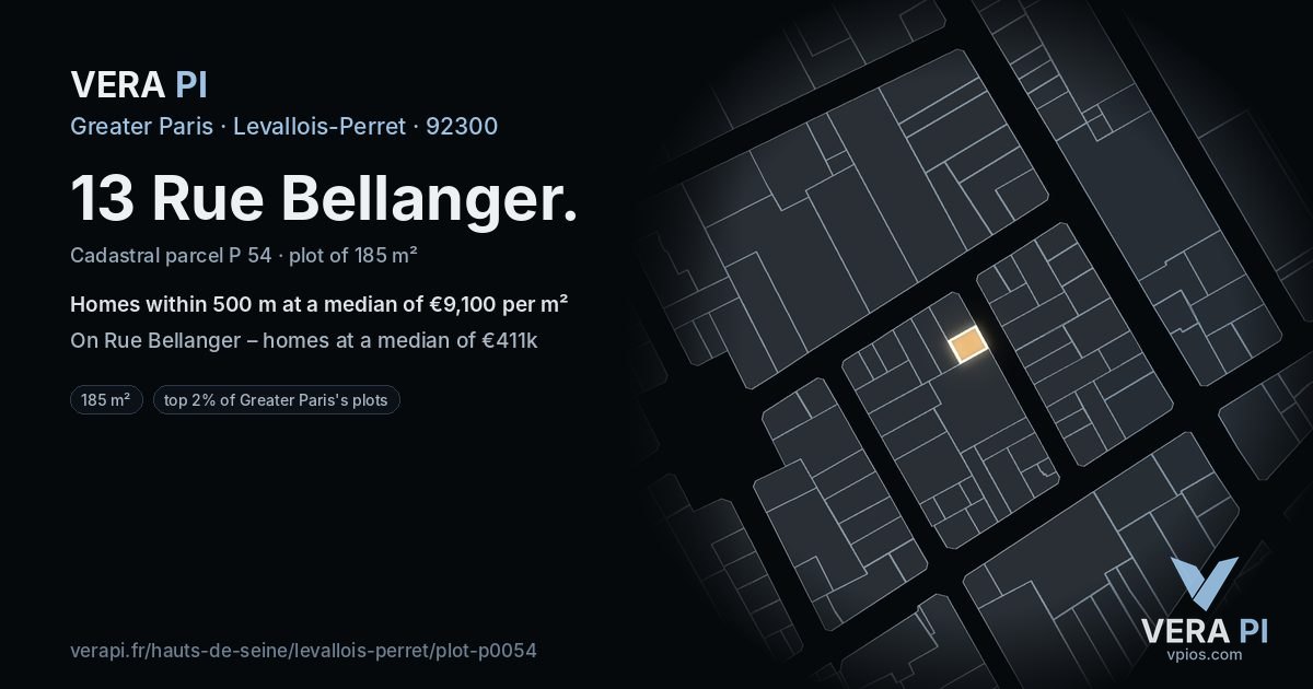 13 Rue Bellanger, Levallois-Perret at night – the plot lit, the parcels around coloured by the prices near them