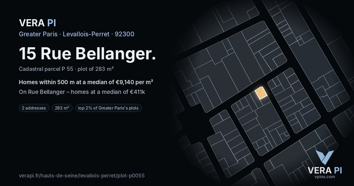 15 Rue Bellanger, Levallois-Perret at night – the plot lit, the parcels around coloured by the prices near them