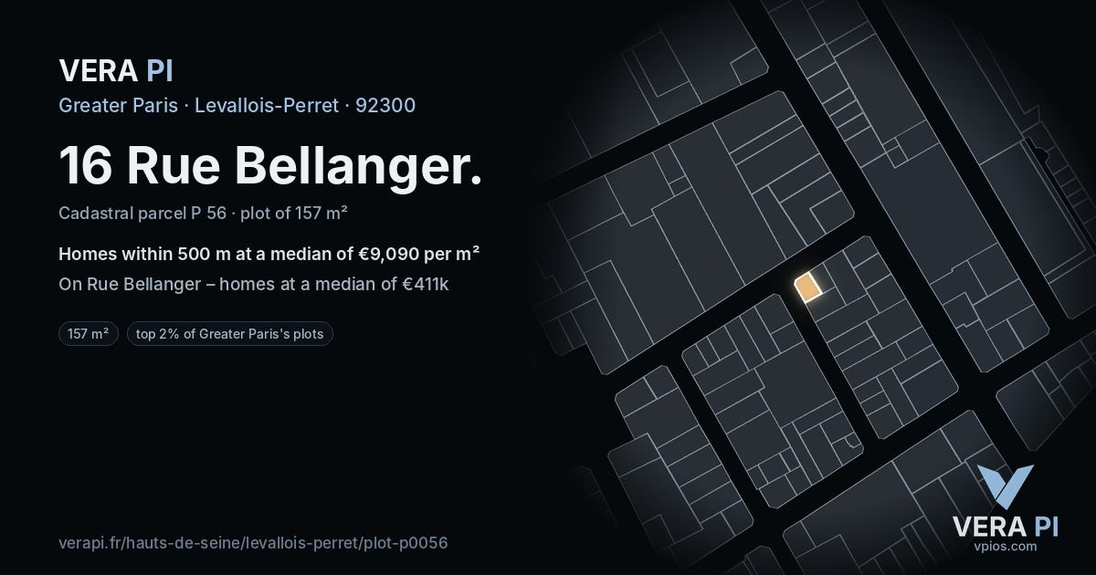 16 Rue Bellanger, Levallois-Perret at night – the plot lit, the parcels around coloured by the prices near them