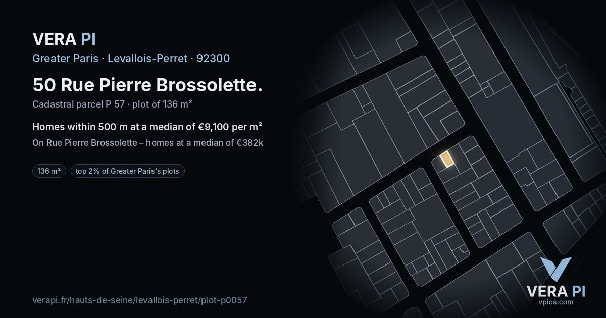 50 Rue Pierre Brossolette, Levallois-Perret at night – the plot lit, the parcels around coloured by the prices near them