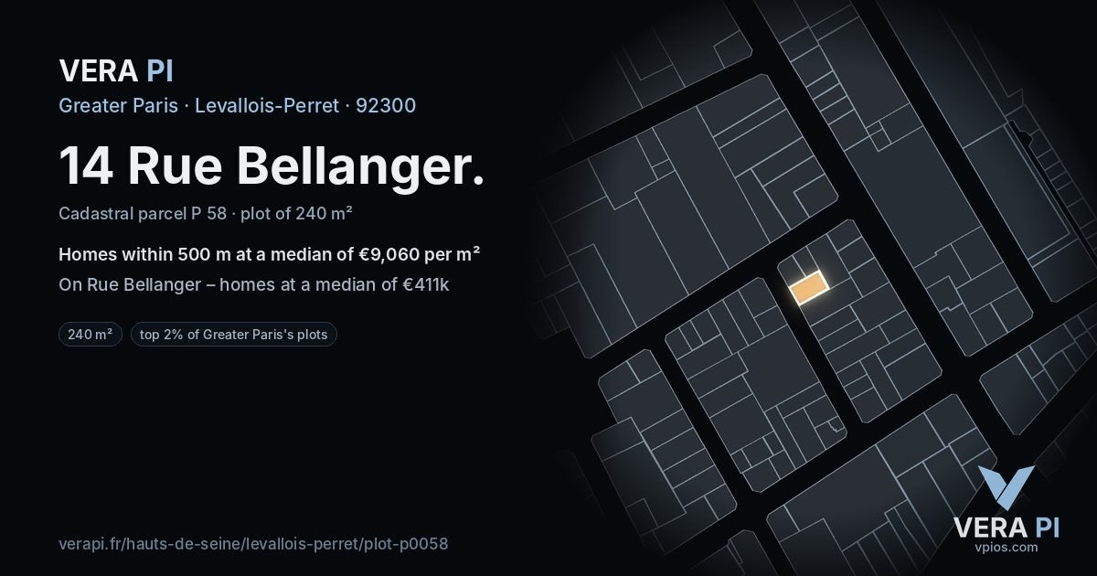 14 Rue Bellanger, Levallois-Perret at night – the plot lit, the parcels around coloured by the prices near them