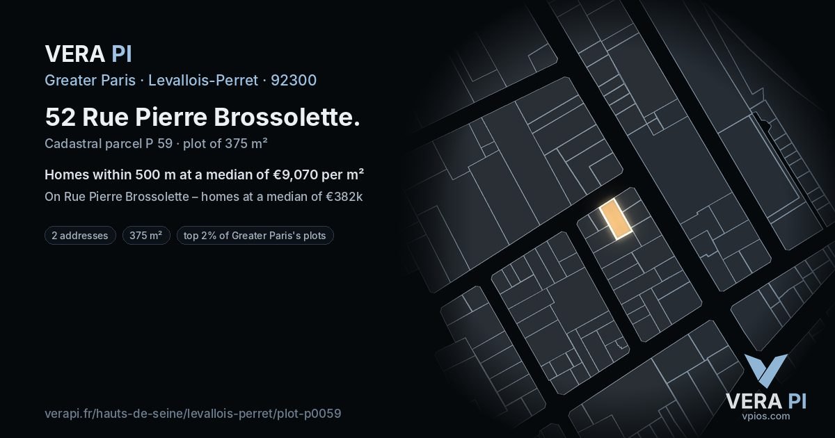 52 Rue Pierre Brossolette, Levallois-Perret at night – the plot lit, the parcels around coloured by the prices near them