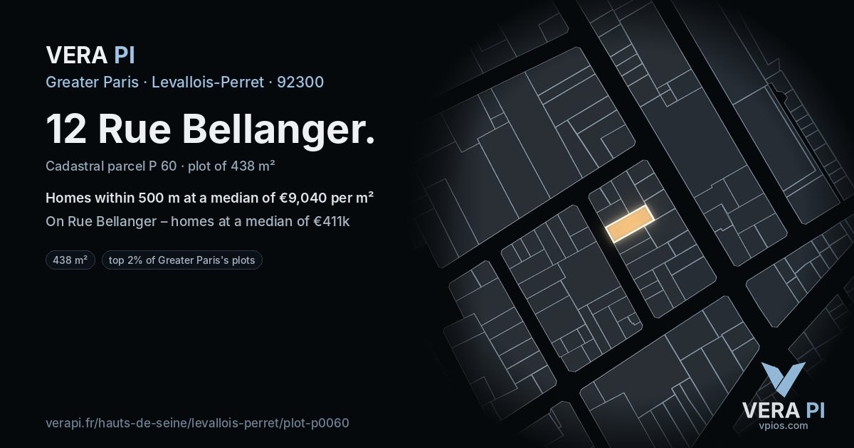 12 Rue Bellanger, Levallois-Perret at night – the plot lit, the parcels around coloured by the prices near them