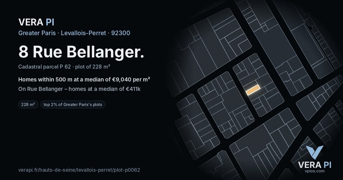 8 Rue Bellanger, Levallois-Perret at night – the plot lit, the parcels around coloured by the prices near them