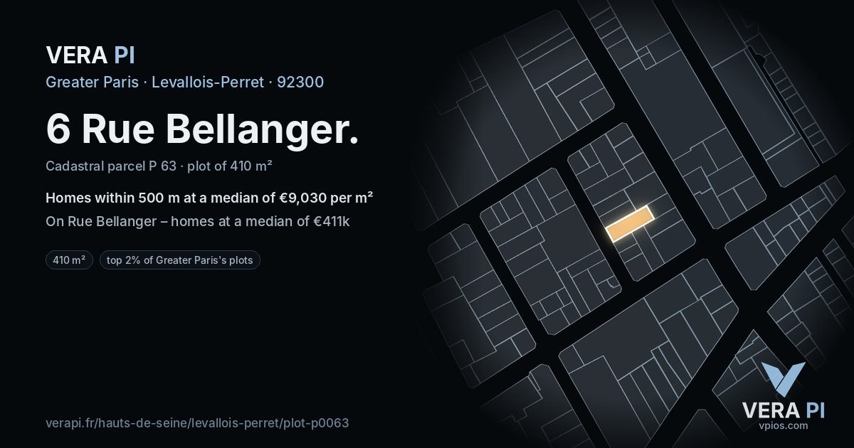 6 Rue Bellanger, Levallois-Perret at night – the plot lit, the parcels around coloured by the prices near them
