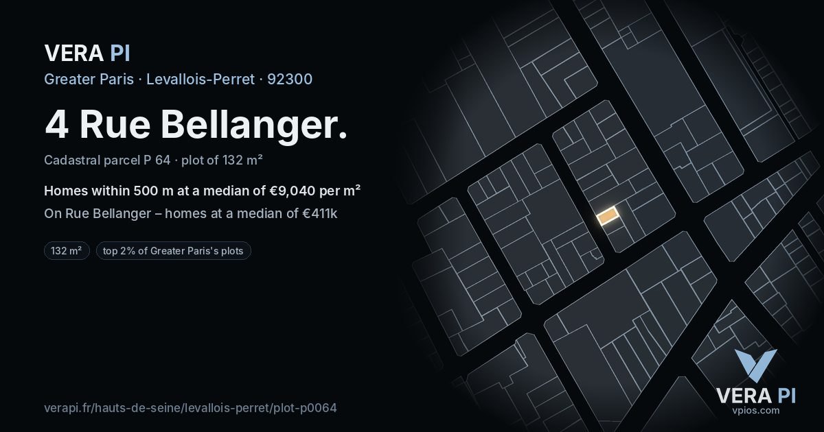 4 Rue Bellanger, Levallois-Perret at night – the plot lit, the parcels around coloured by the prices near them