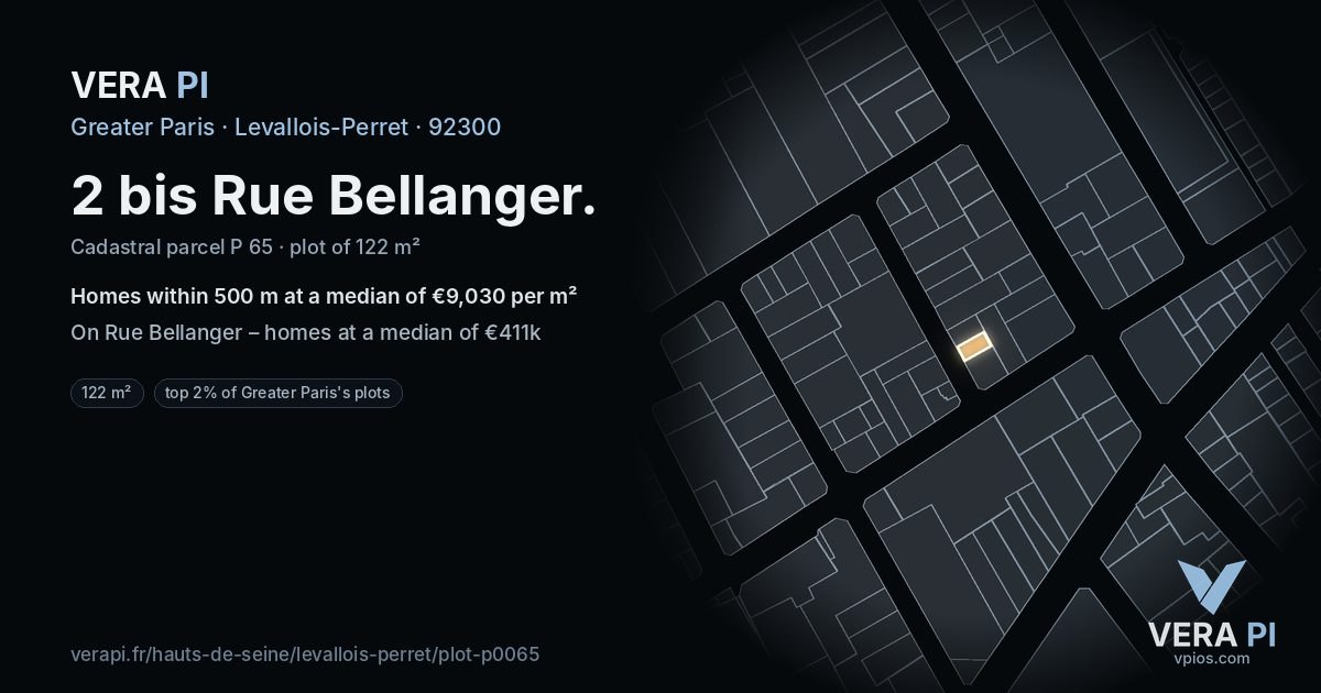 2 bis Rue Bellanger, Levallois-Perret at night – the plot lit, the parcels around coloured by the prices near them