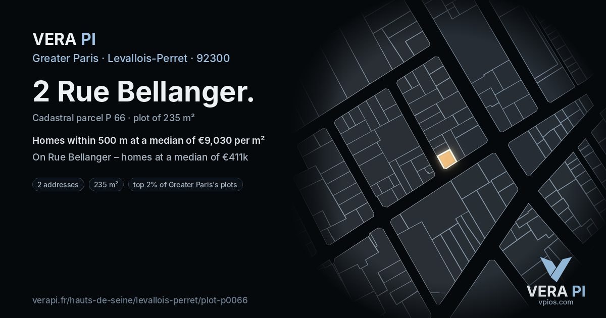 2 Rue Bellanger, Levallois-Perret at night – the plot lit, the parcels around coloured by the prices near them
