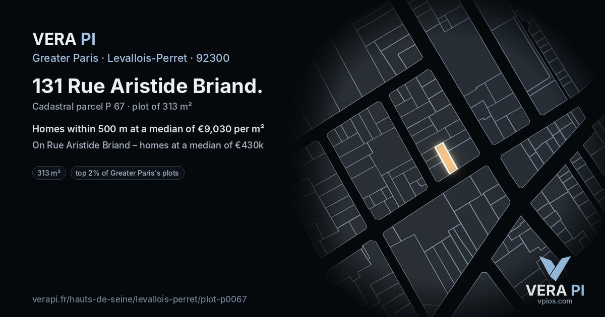 131 Rue Aristide Briand, Levallois-Perret at night – the plot lit, the parcels around coloured by the prices near them