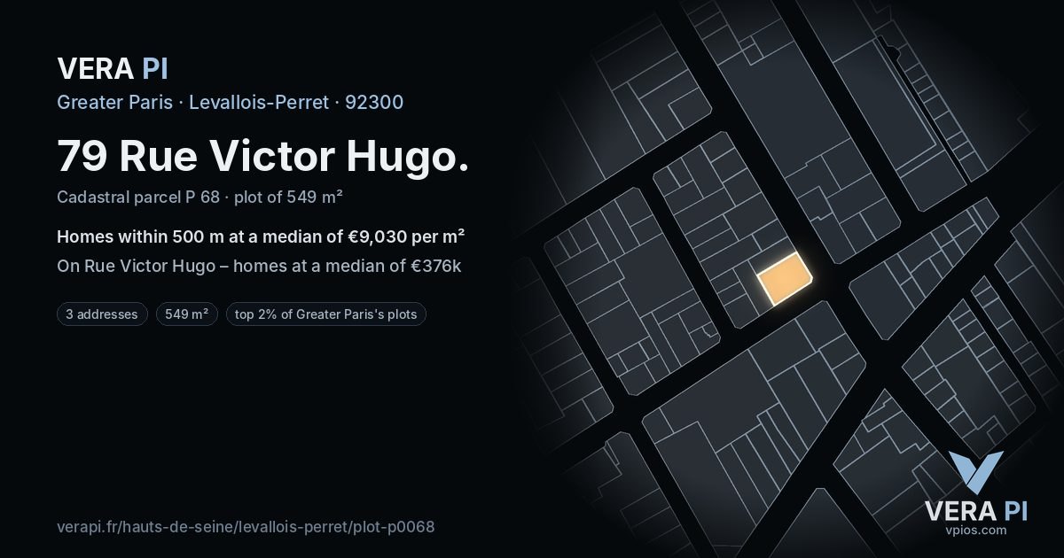 79 Rue Victor Hugo, Levallois-Perret at night – the plot lit, the parcels around coloured by the prices near them