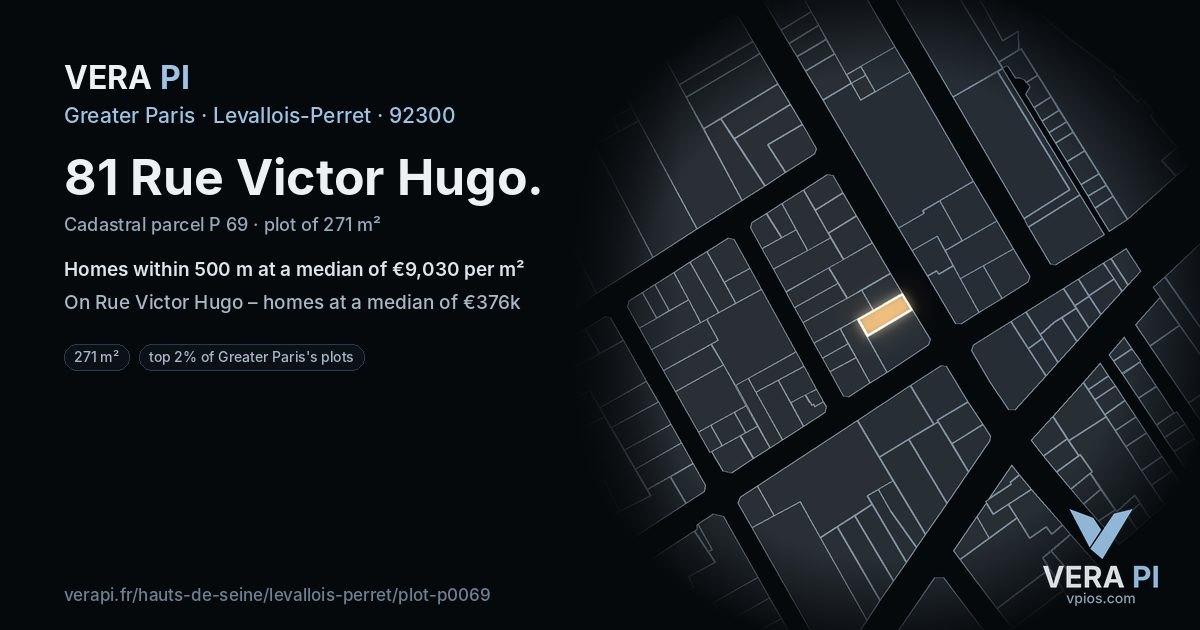 81 Rue Victor Hugo, Levallois-Perret at night – the plot lit, the parcels around coloured by the prices near them