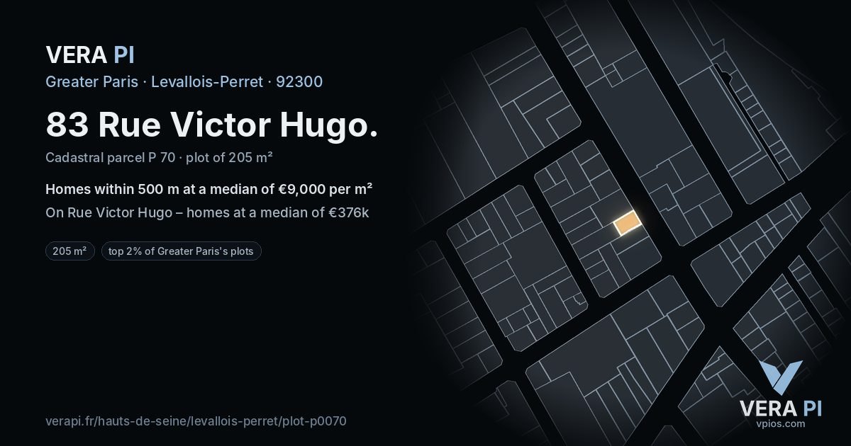 83 Rue Victor Hugo, Levallois-Perret at night – the plot lit, the parcels around coloured by the prices near them